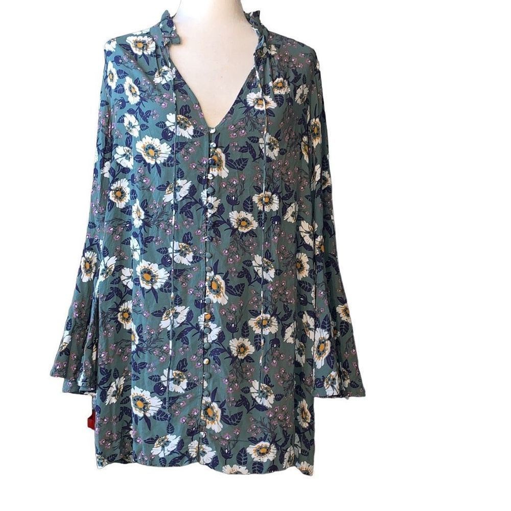 Free People Green Blue Floral V-Neck Tunic S